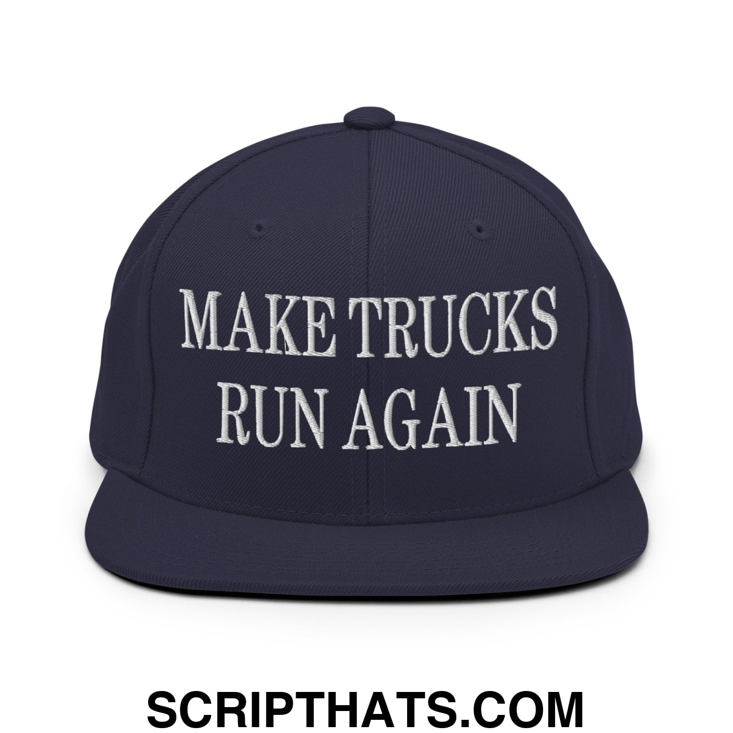 Navy blue snapback hat with white embroidered text make trucks run again featuring a flat bill brim design