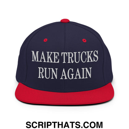 Navy blue and red snapback hat with white embroidered text make trucks run again and flat bill brim design