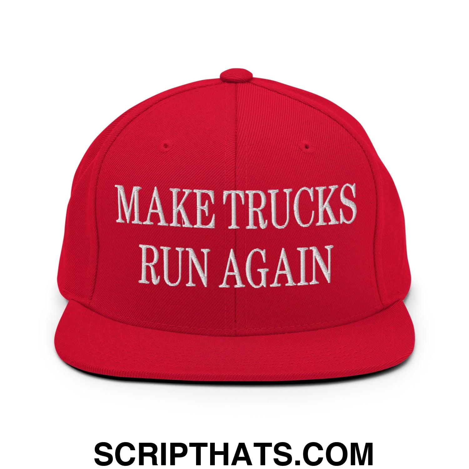 Red snapback hat with white embroidered make trucks run again text and flat bill brim for casual wear