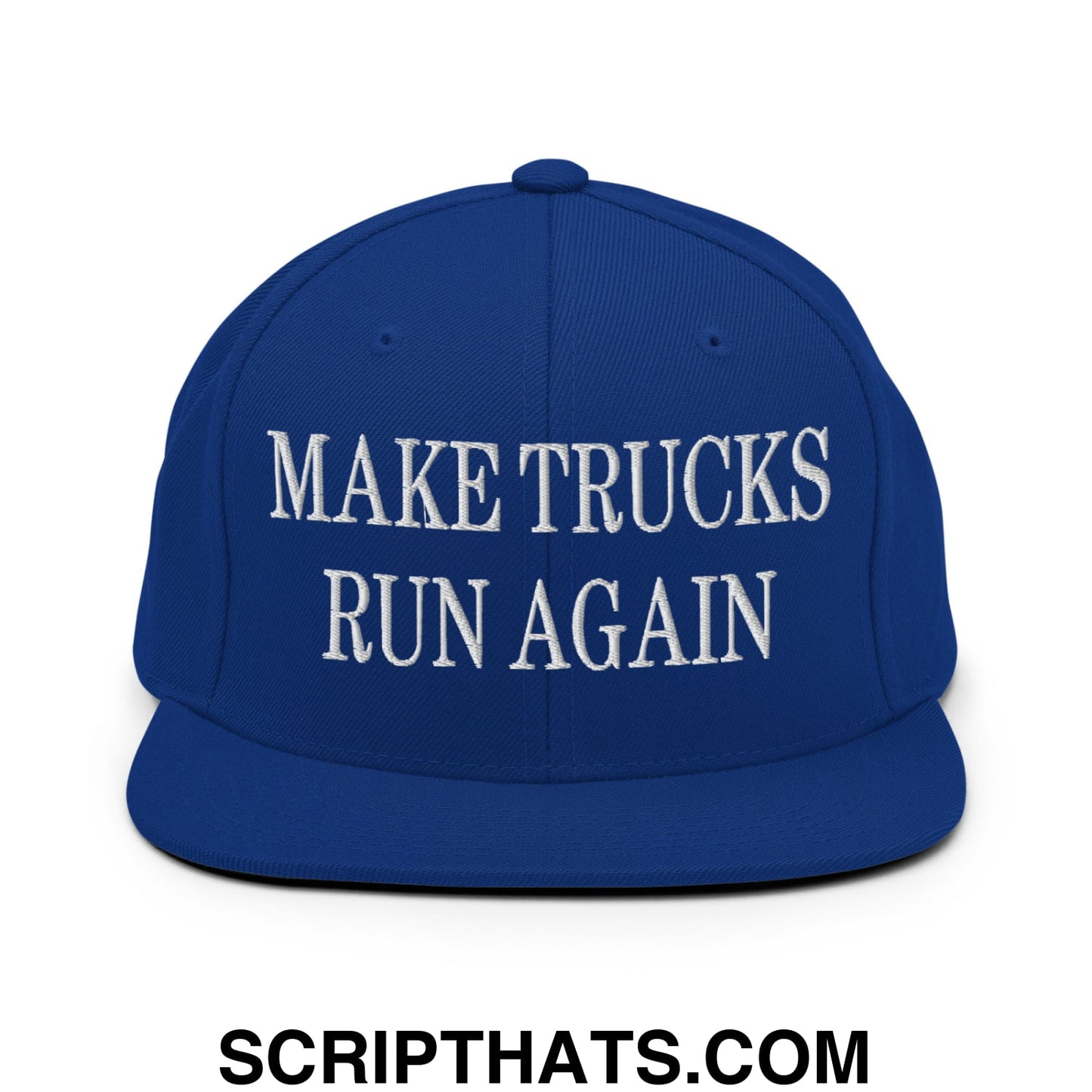 Royal blue snapback cap with white embroidered make trucks run again text and flat bill brim design