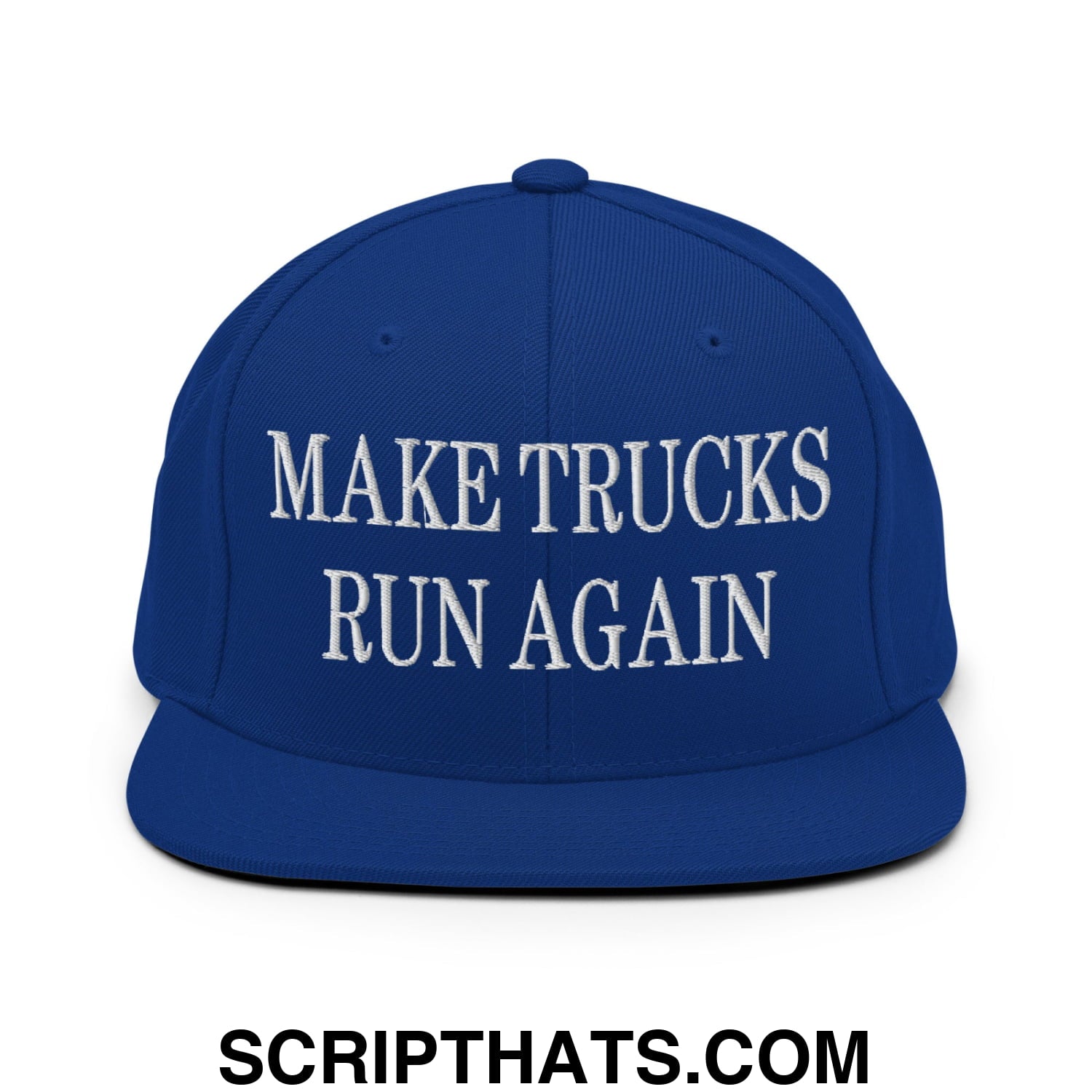 Royal blue snapback cap with white embroidered make trucks run again text and flat bill brim design