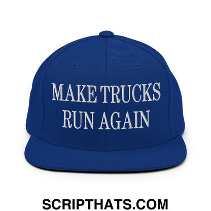 Royal blue snapback cap with white embroidered make trucks run again text and flat bill brim design