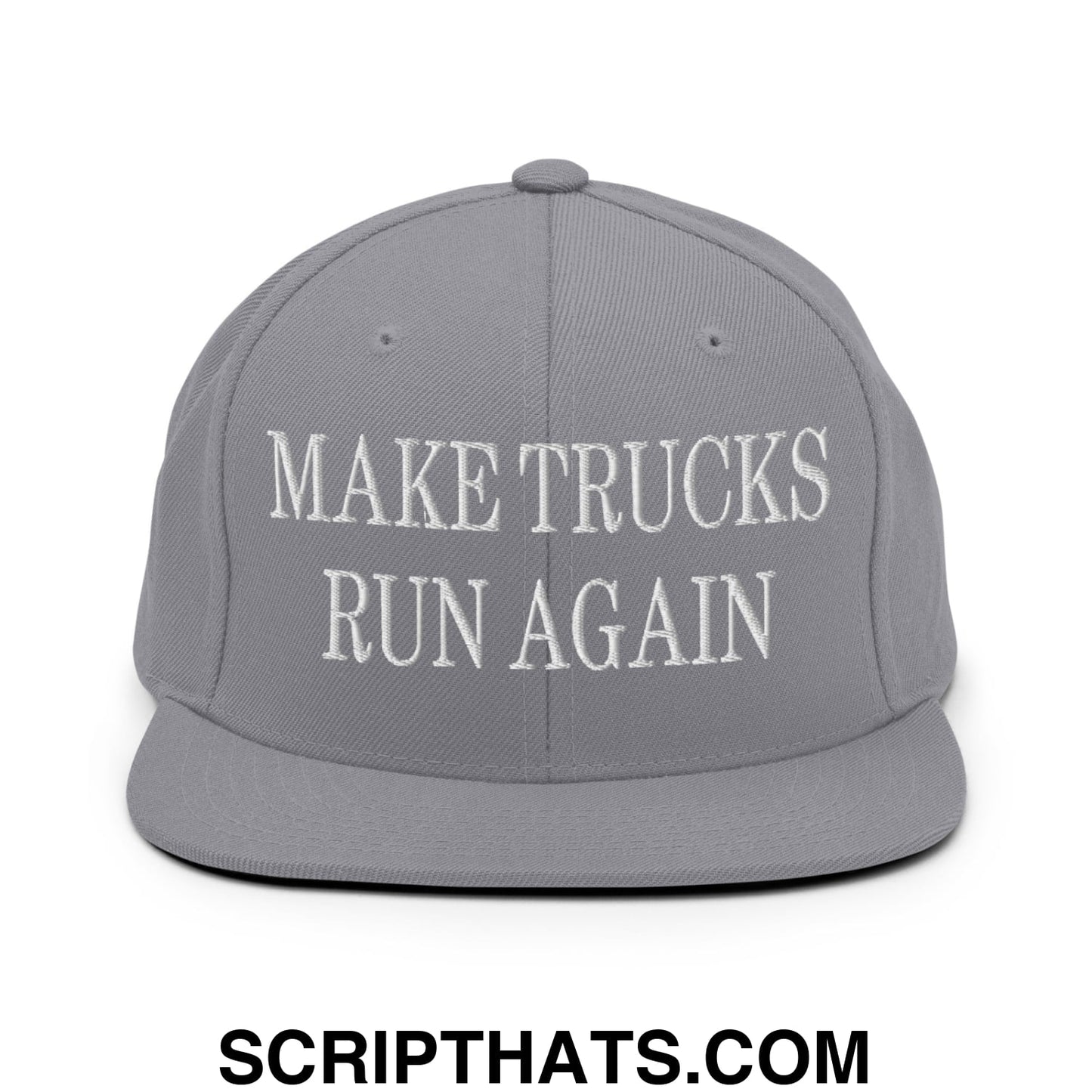 Gray snapback hat with white embroidered make trucks run again text and flat bill brim for outdoor wear
