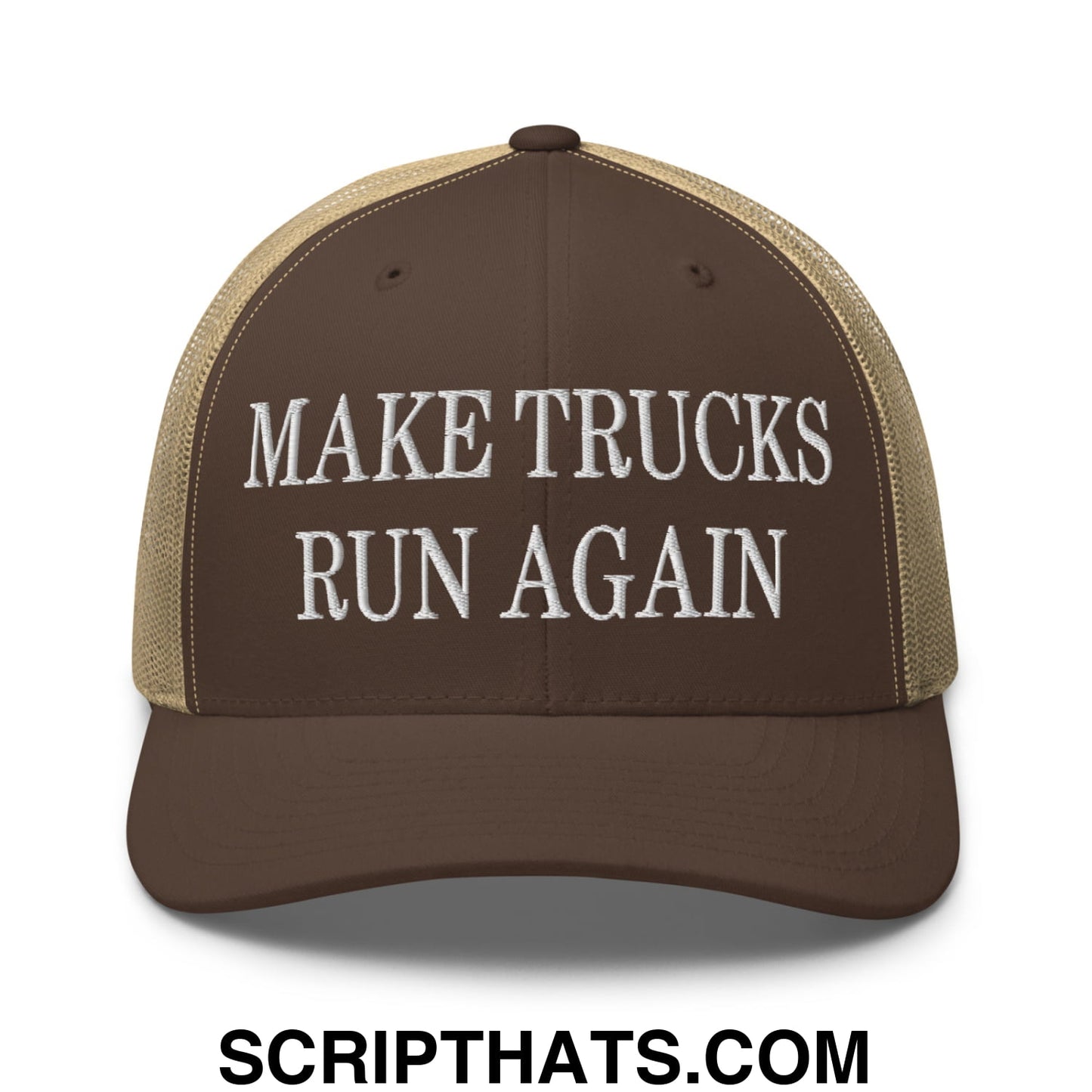Brown and tan mesh trucker hat with white embroidered text make trucks run again on front panel