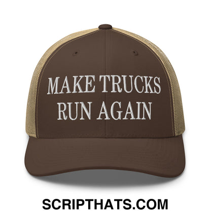 Brown and tan mesh trucker hat with white embroidered text make trucks run again on front panel