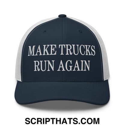 Navy blue and white mesh trucker hat with bold embroidered make trucks run again text in uppercase font