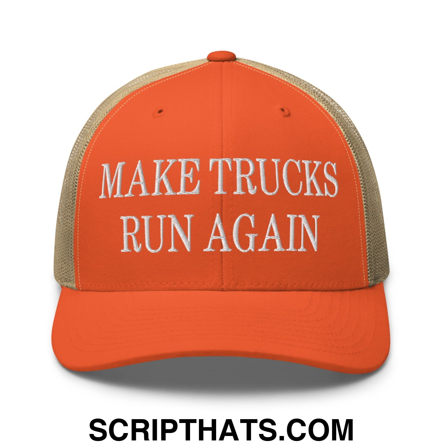 Orange and beige mesh trucker hat with white embroidered make trucks run again text on the front panel
