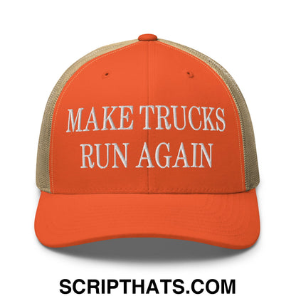 Orange and beige mesh trucker hat with white embroidered make trucks run again text on the front panel