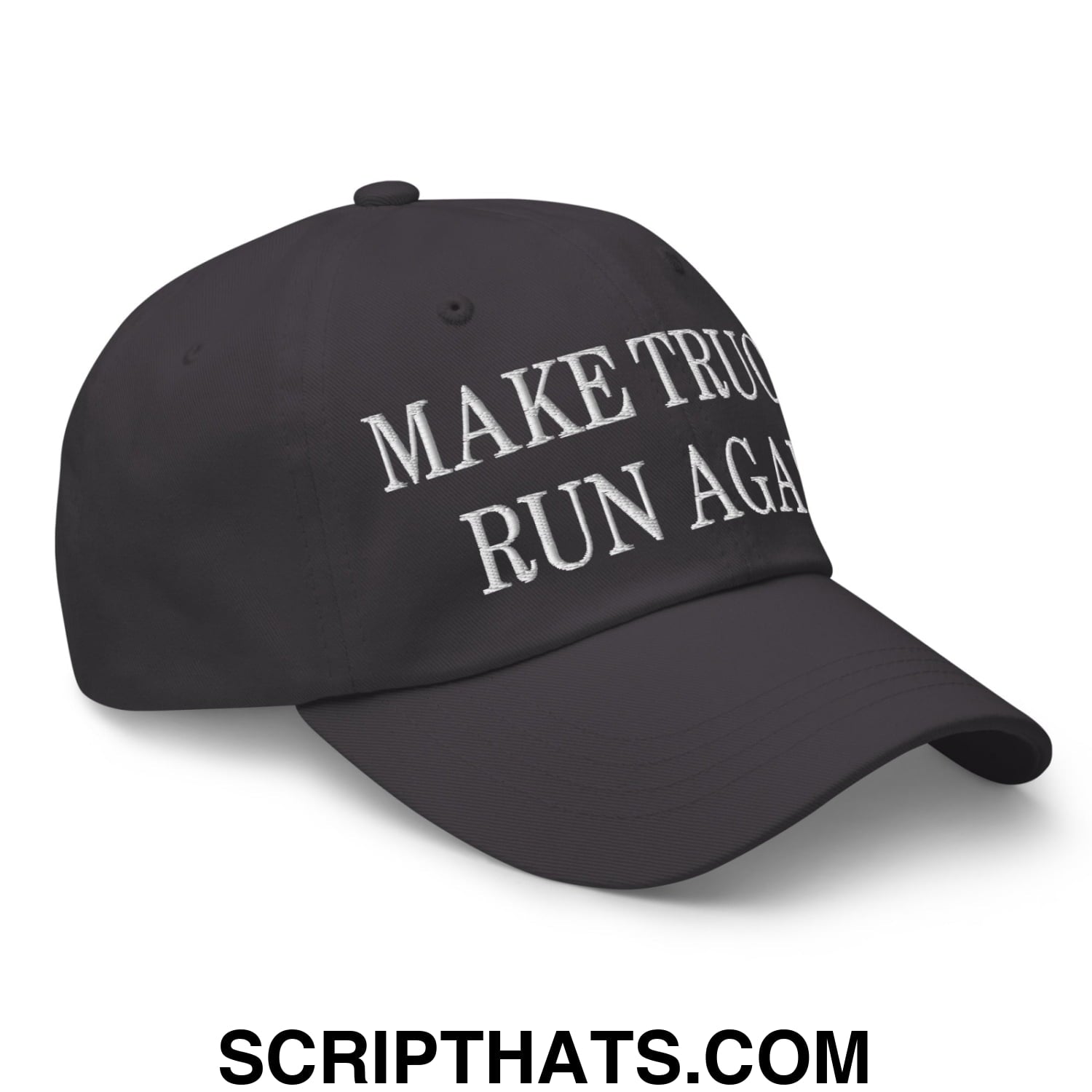Black unstructured dad hat with white embroidered make trucks run again text ideal for casual wear