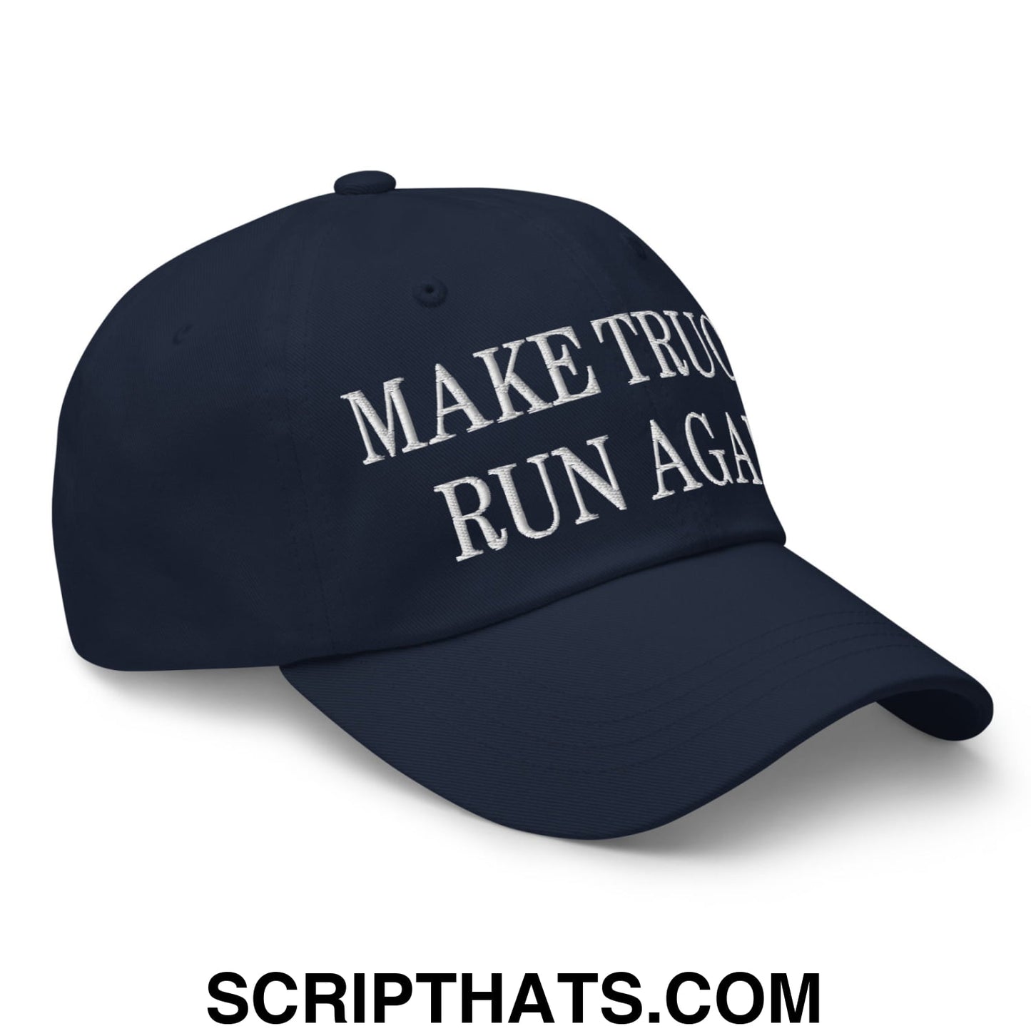 Navy blue unstructured dad hat with white embroidered make tru run again text for casual wear