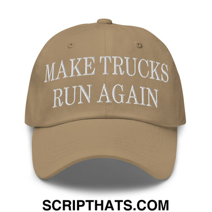 Tan make trucks run again embroidered unstructured dad hat with white text on front in cotton material