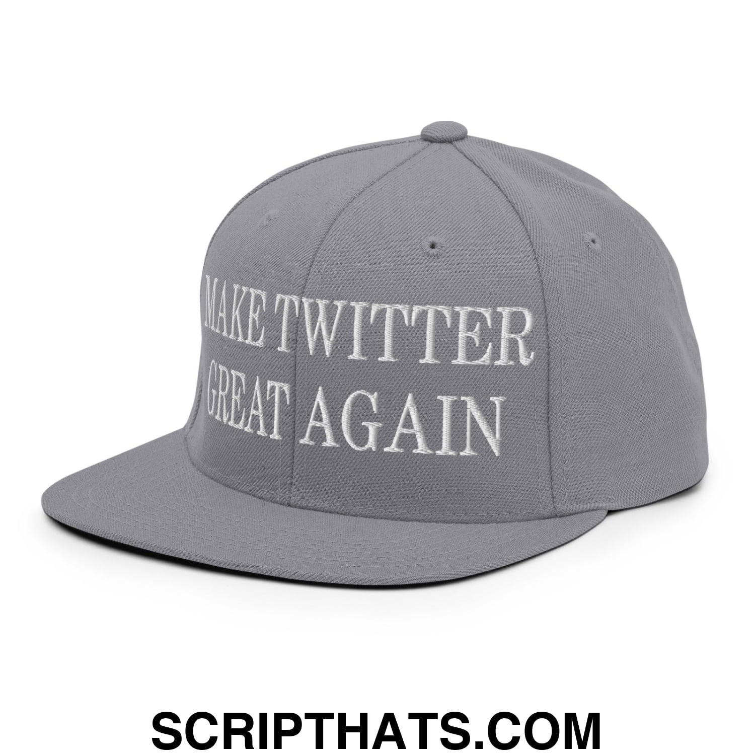 Gray snapback hat with white embroidered make twitter great again text and flat bill brim design