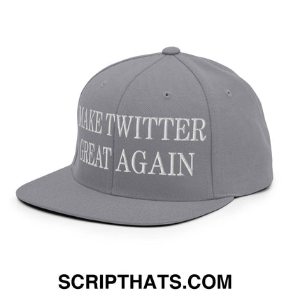 Gray snapback hat with white embroidered make twitter great again text and flat bill brim design
