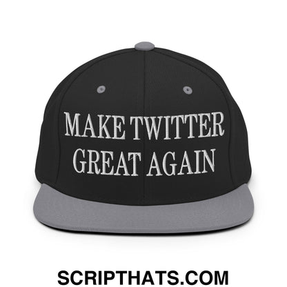 Black snapback cap with gray brim and white embroidered make twitter great again text on front panel