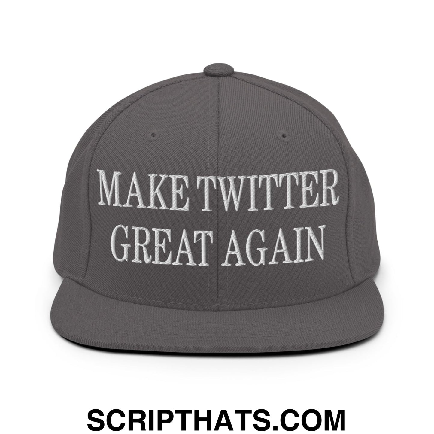 Gray snapback hat with white embroidered make twitter great again text and flat bill brim design