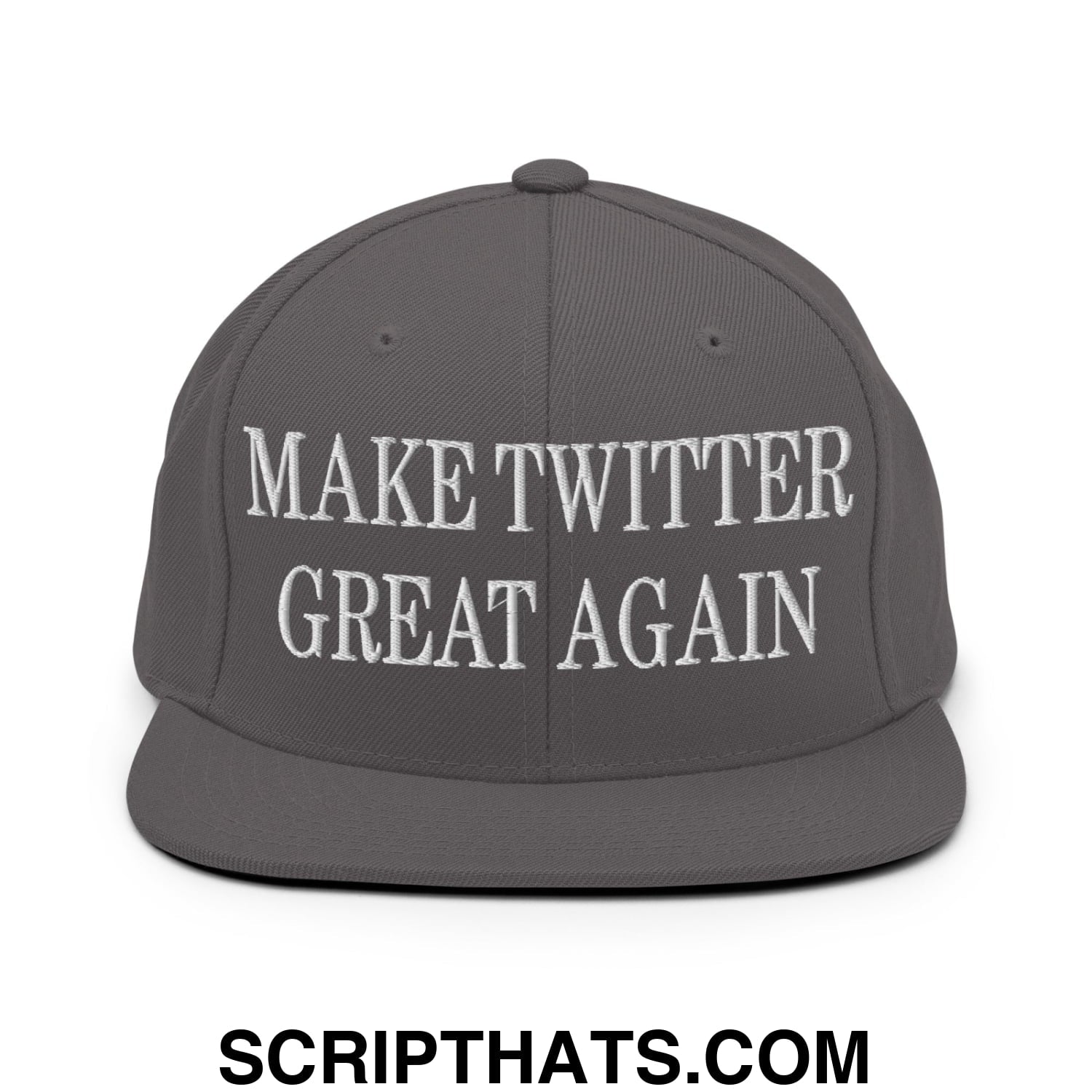 Gray snapback hat with white embroidered make twitter great again text and flat bill brim design