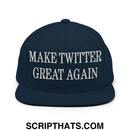 Navy blue snapback hat with white embroidered make twitter great again text and flat bill brim design