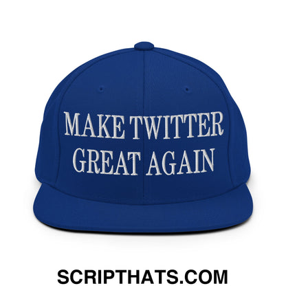 Royal blue snapback cap with flat bill brim and white embroidered make Twitter great again text