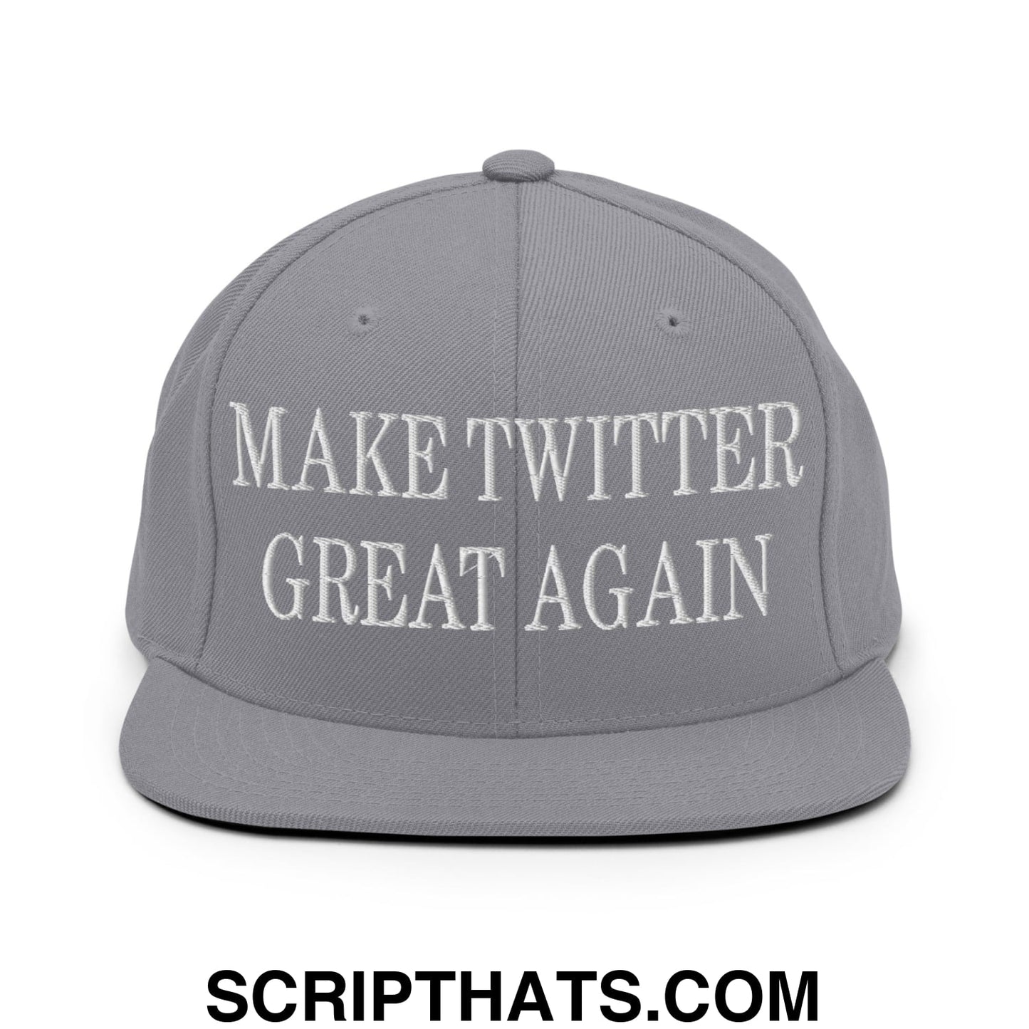 Gray snapback hat with white embroidered make twitter great again text and a flat bill brim design