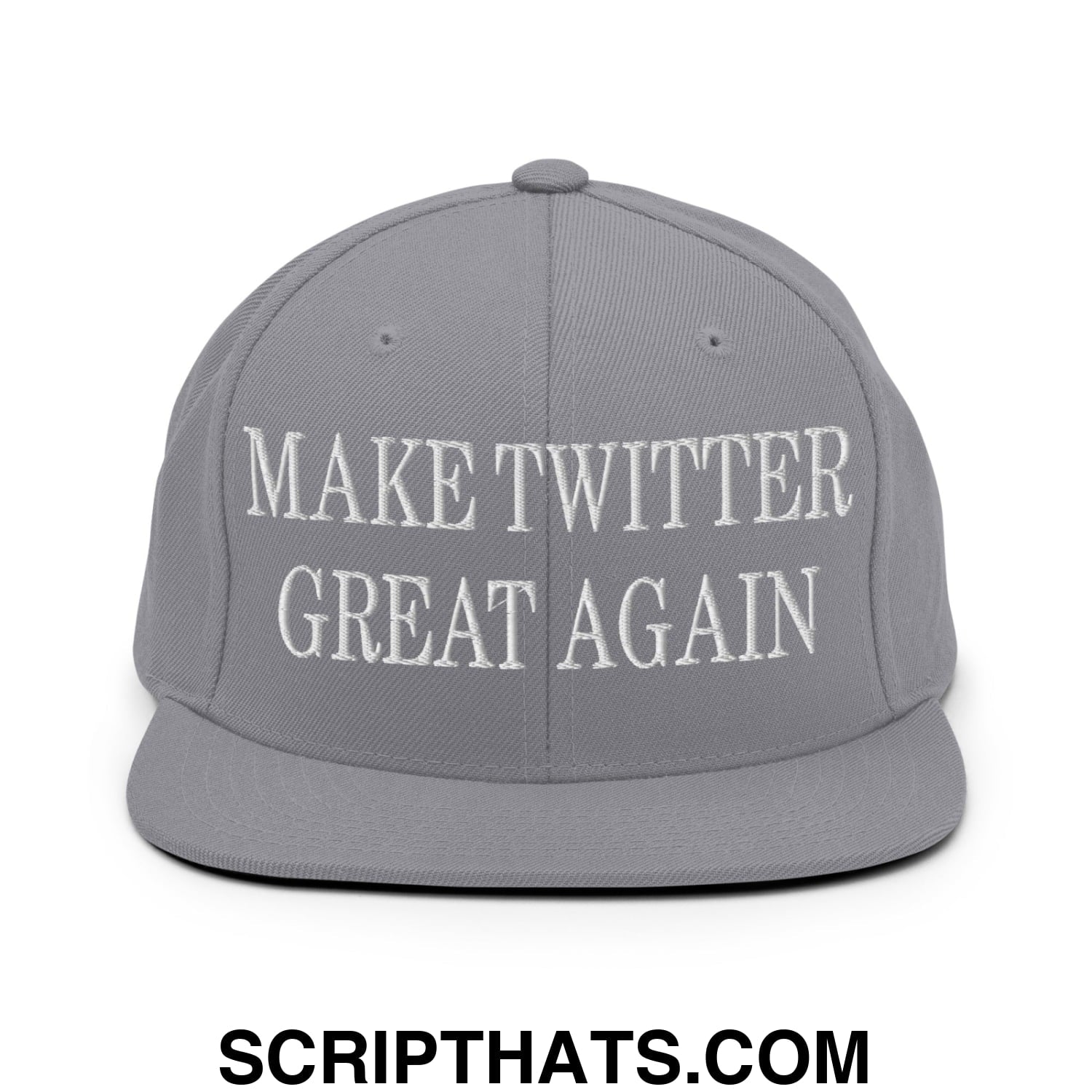 Gray snapback hat with white embroidered make twitter great again text and a flat bill brim design