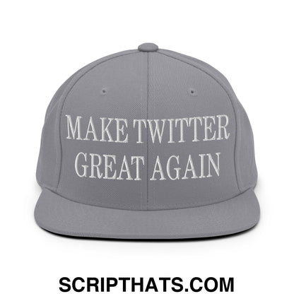 Gray snapback hat with white embroidered make twitter great again text and a flat bill brim design