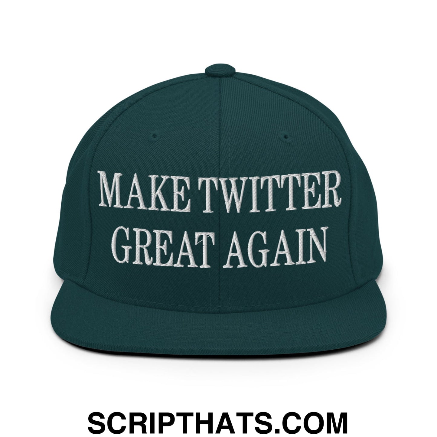 Dark green flat bill snapback hat with white embroidered make twitter great again text in a cotton blend material
