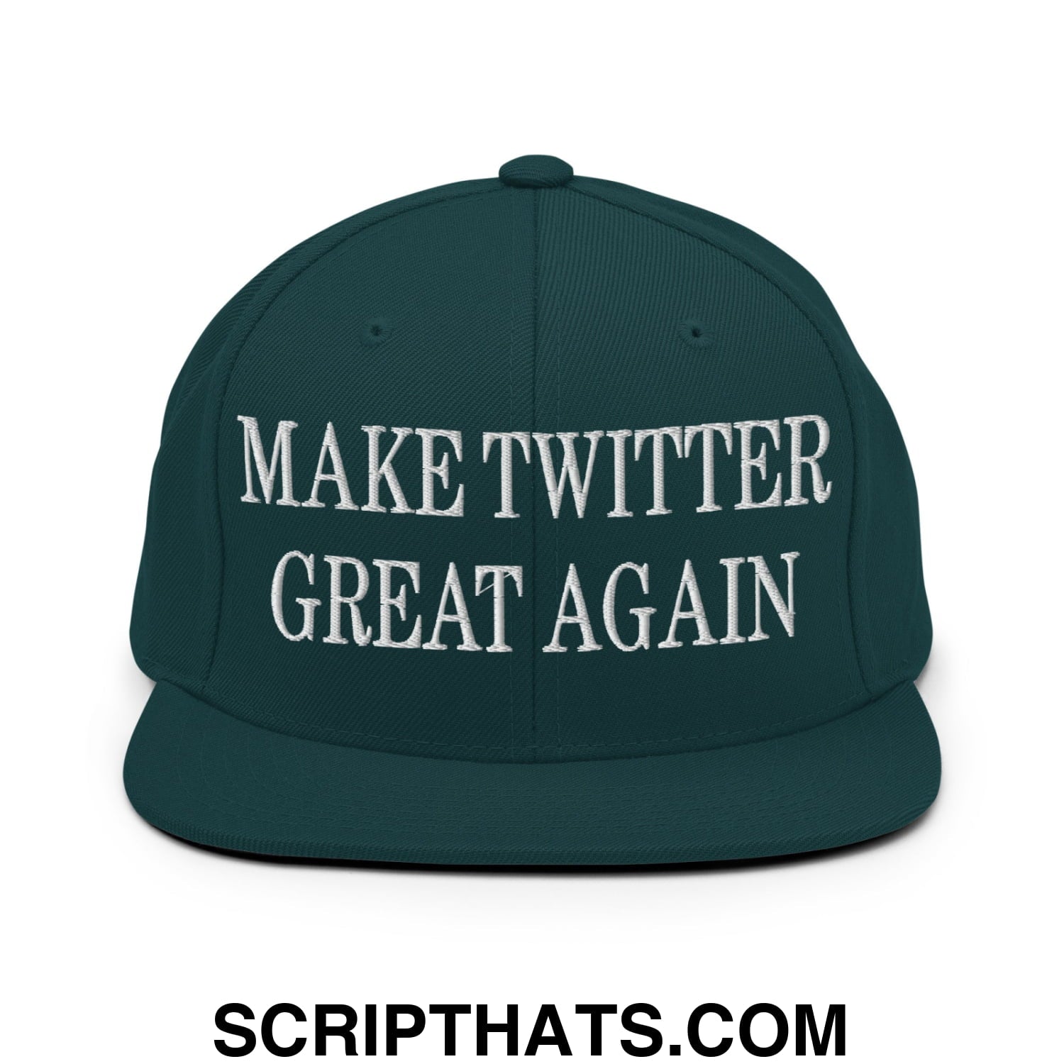 Dark green flat bill snapback hat with white embroidered make twitter great again text in a cotton blend material