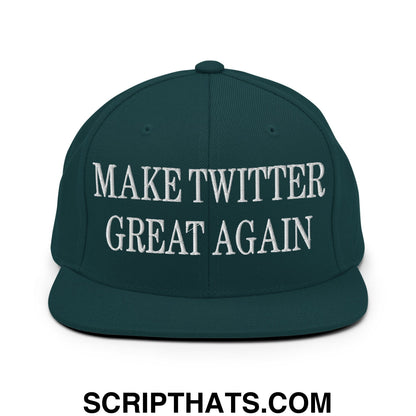 Dark green flat bill snapback hat with white embroidered make twitter great again text in a cotton blend material