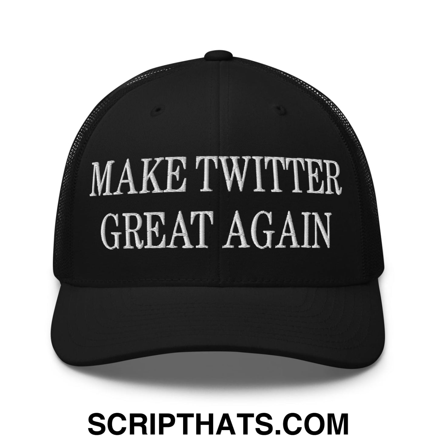 Black mesh trucker hat with white embroidered make twitter great again text on front panel