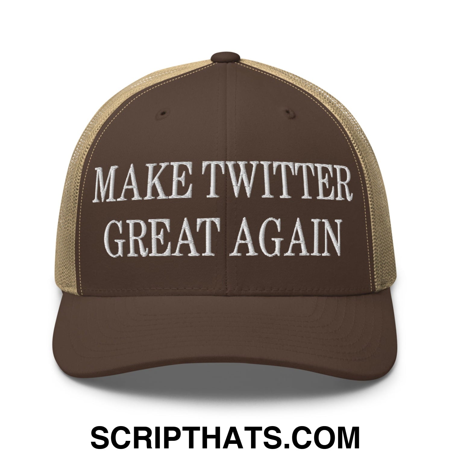 Brown and beige mesh trucker hat with white embroidered text saying make twitter great again