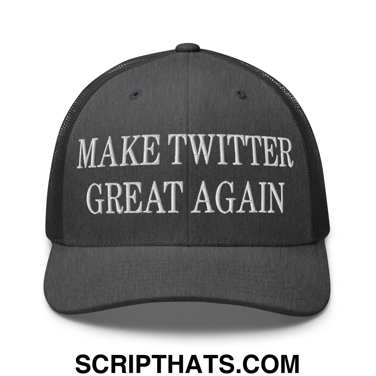 Black mesh trucker hat with white embroidered make twitter great again text on front panel
