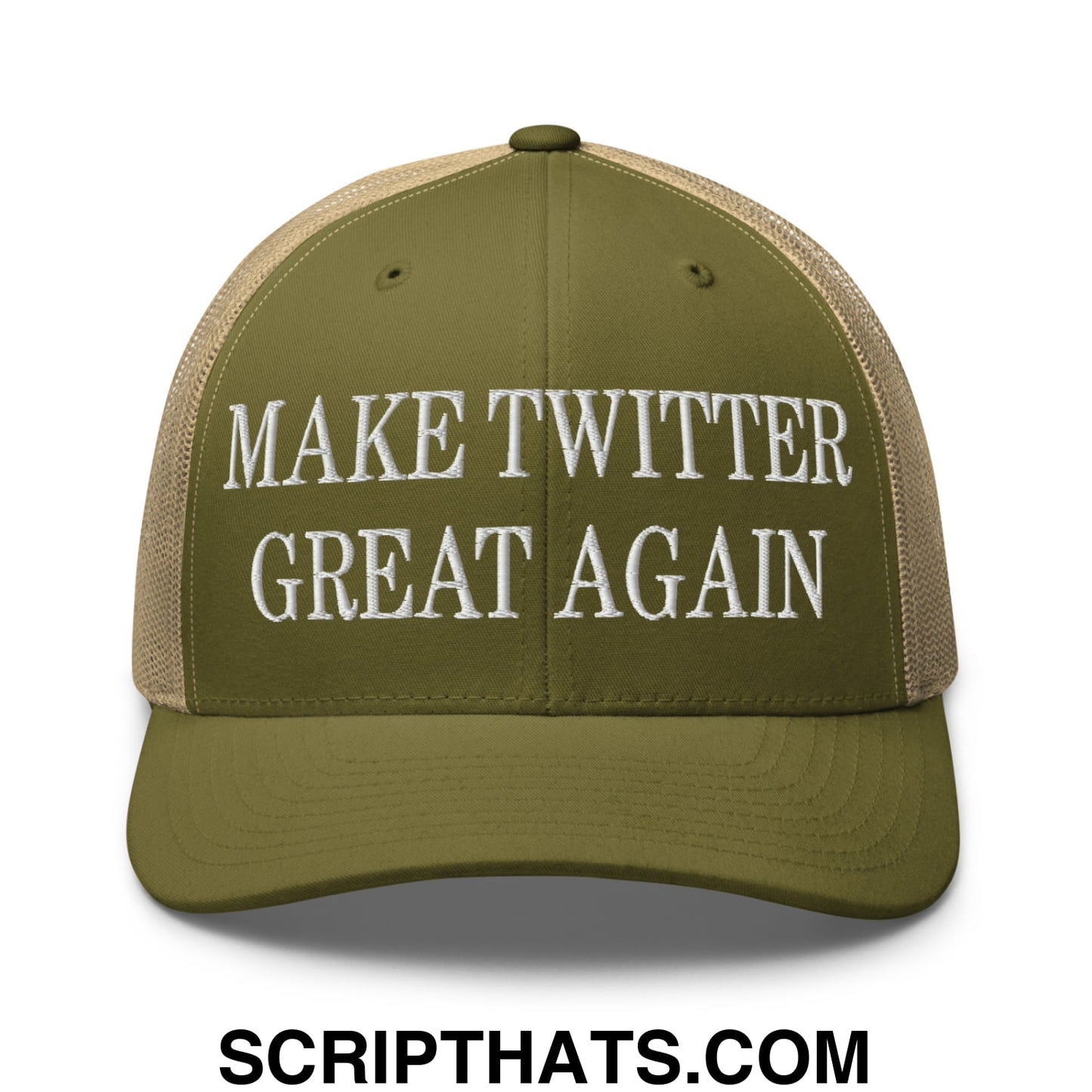 Olive green and beige mesh trucker hat with white embroidered text reading make twitter great again