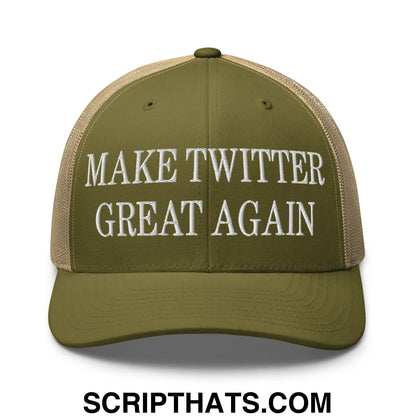 Olive green and beige mesh trucker hat with white embroidered text reading make twitter great again