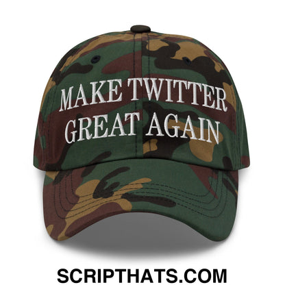 Make twitter great again embroidered unstructured dad hat with camouflage pattern and white text on front