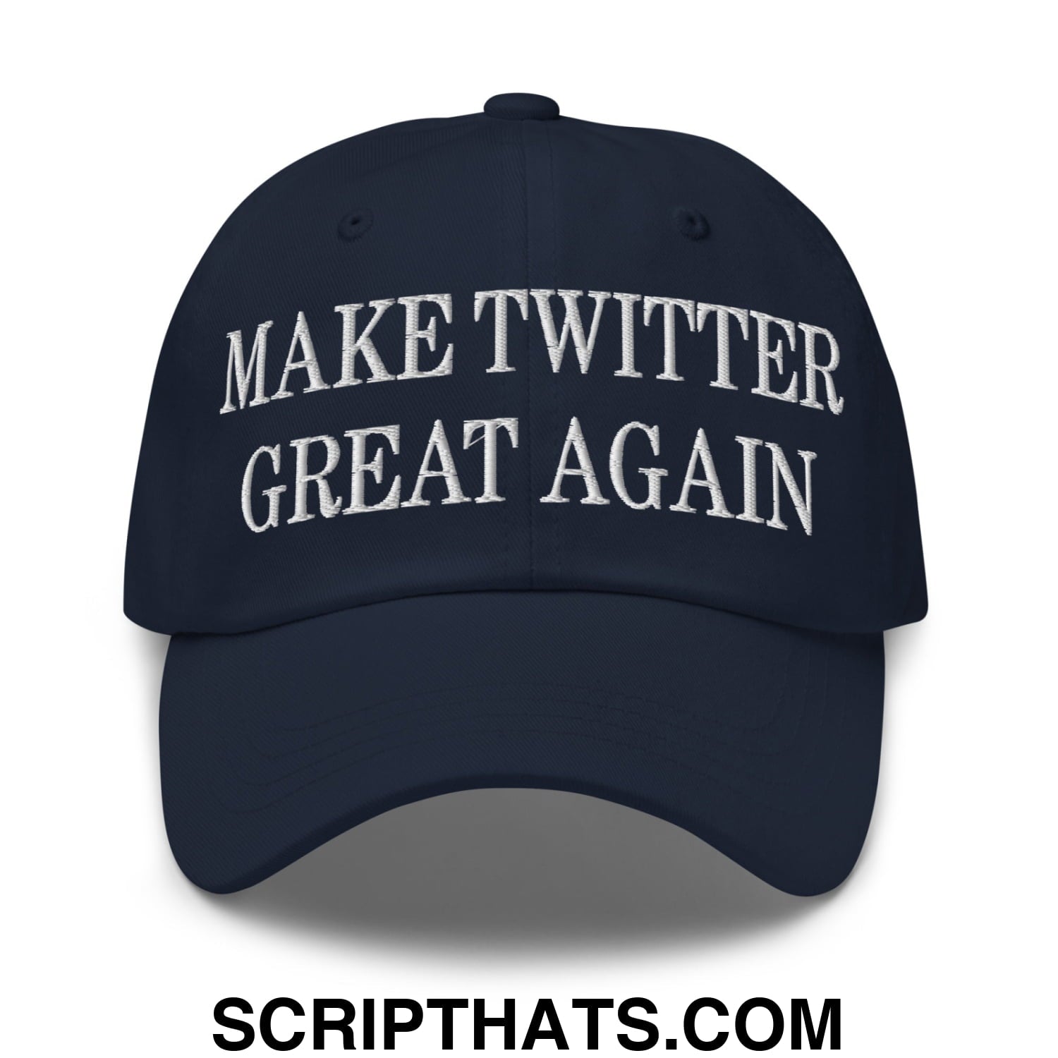 Navy blue unstructured dad hat with white embroidered text make twitter great again for casual wear
