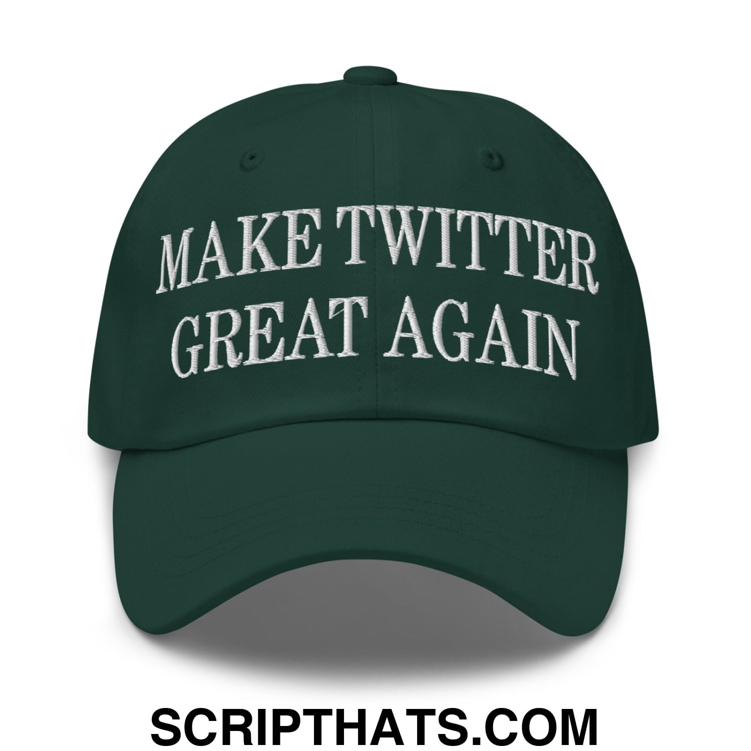 Dark green unstructured dad hat with white embroidered make twitter great again text for casual wear