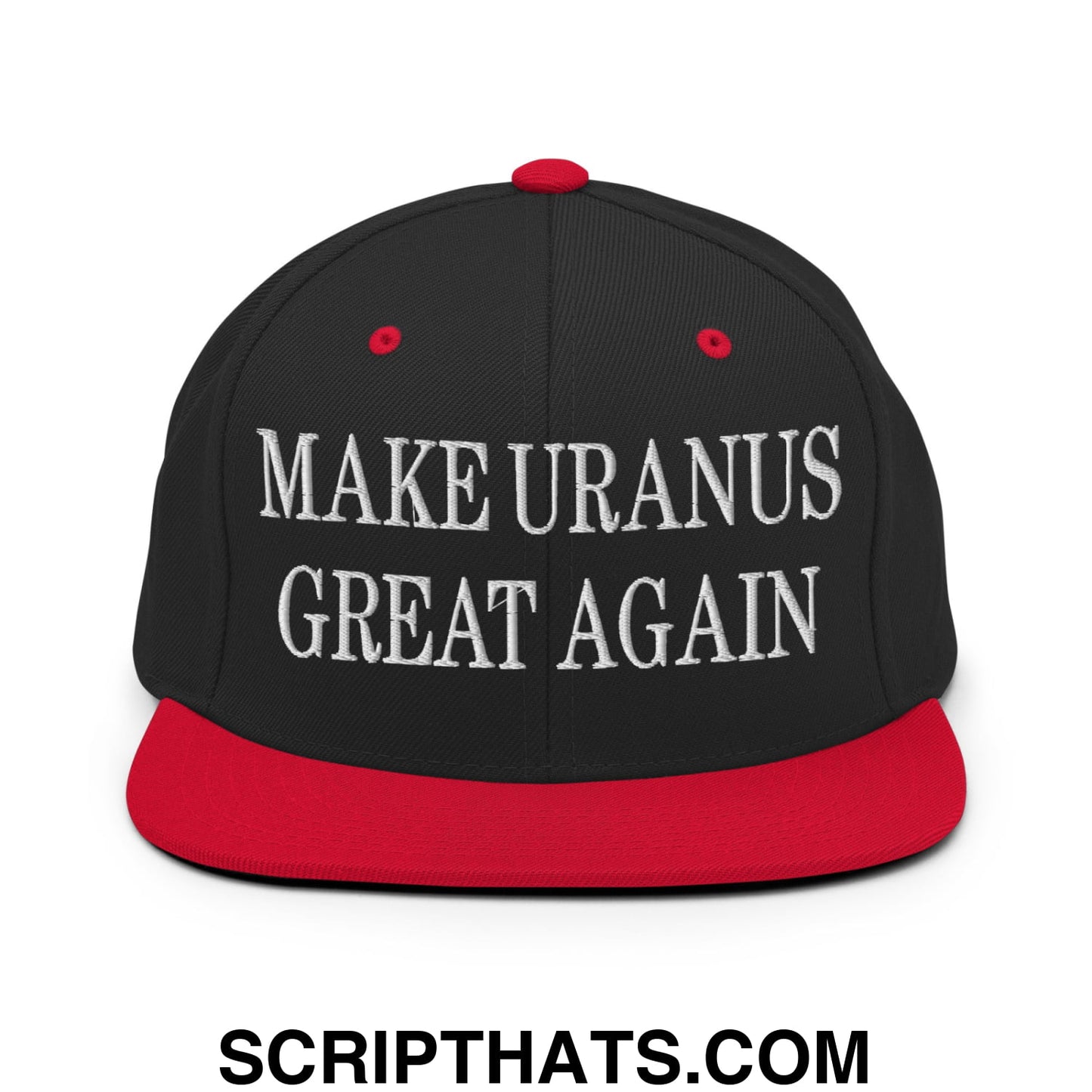 Black and red snapback hat with white embroidered make uranus great again text and flat bill brim
