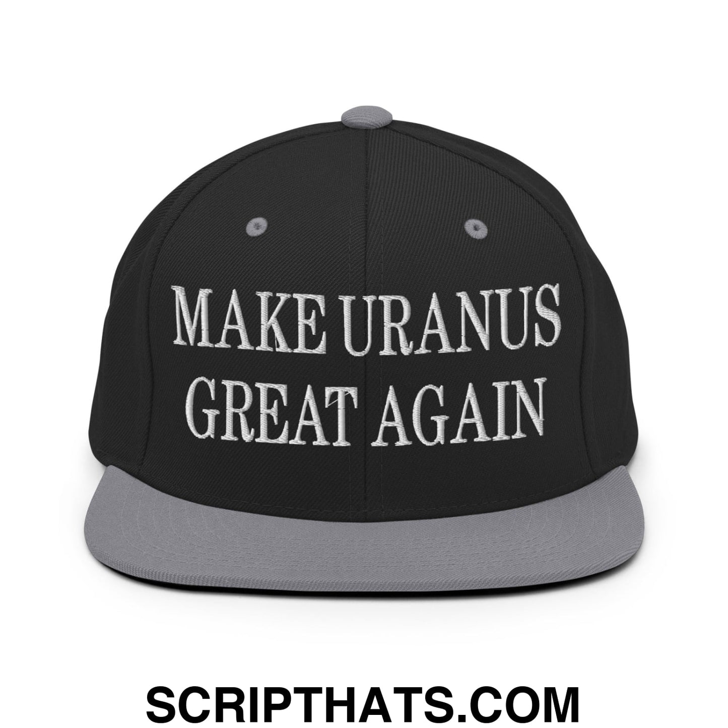 Black snapback hat with gray brim and white embroidered text make uranus great again on front panel
