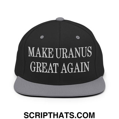 Black snapback hat with gray brim and white embroidered text make uranus great again on front panel