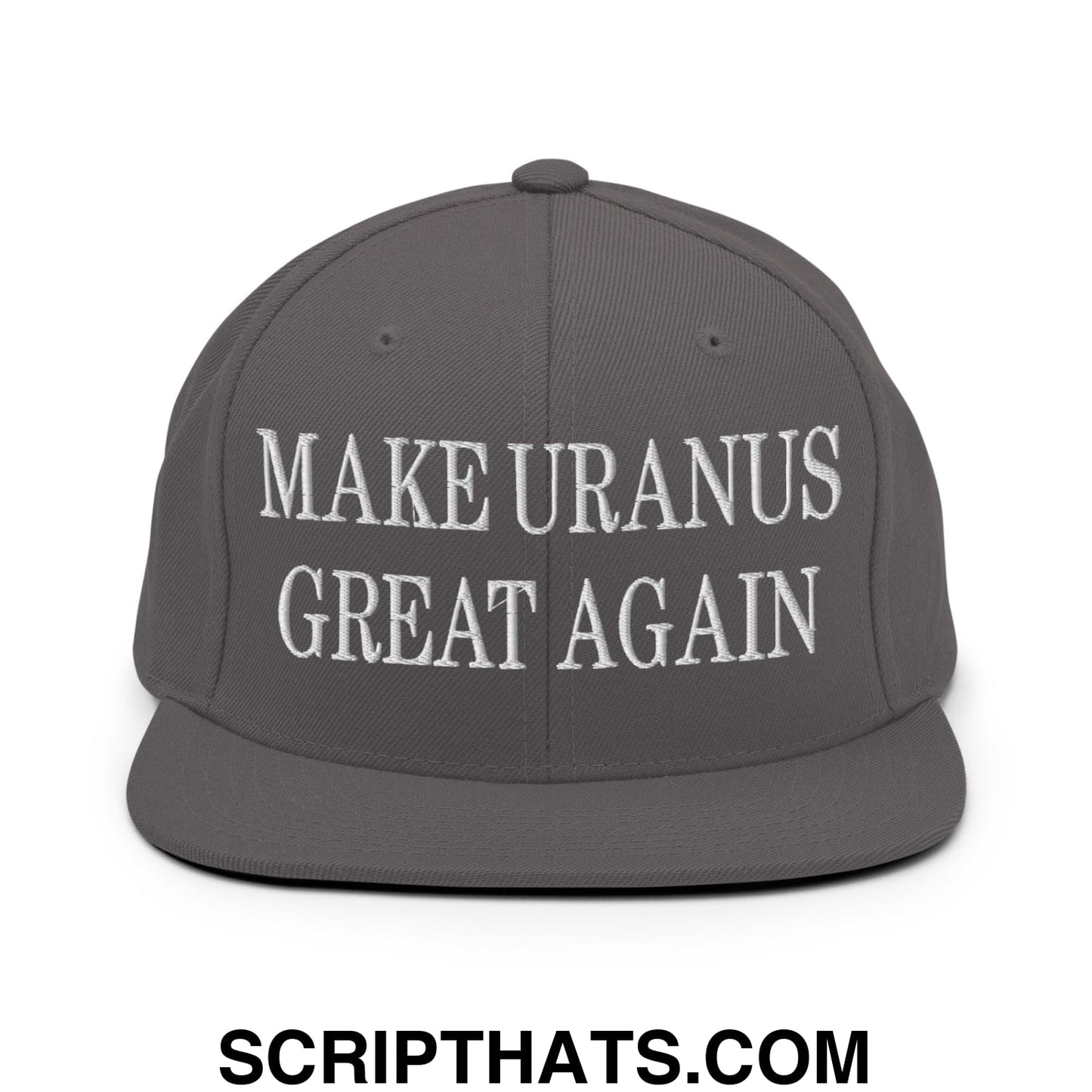 Gray snapback hat with white embroidered text make uranus great again featuring a flat bill brim design