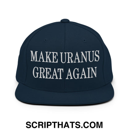 Navy blue snapback hat with white embroidered make uranus great again text and flat bill brim design