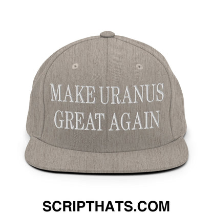 Gray snapback hat with white embroidered make uranus great again text and flat bill brim for casual wear