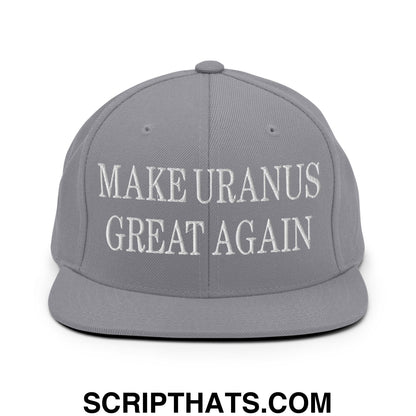 Gray snapback hat with white embroidered make uranus great again text and flat bill brim design