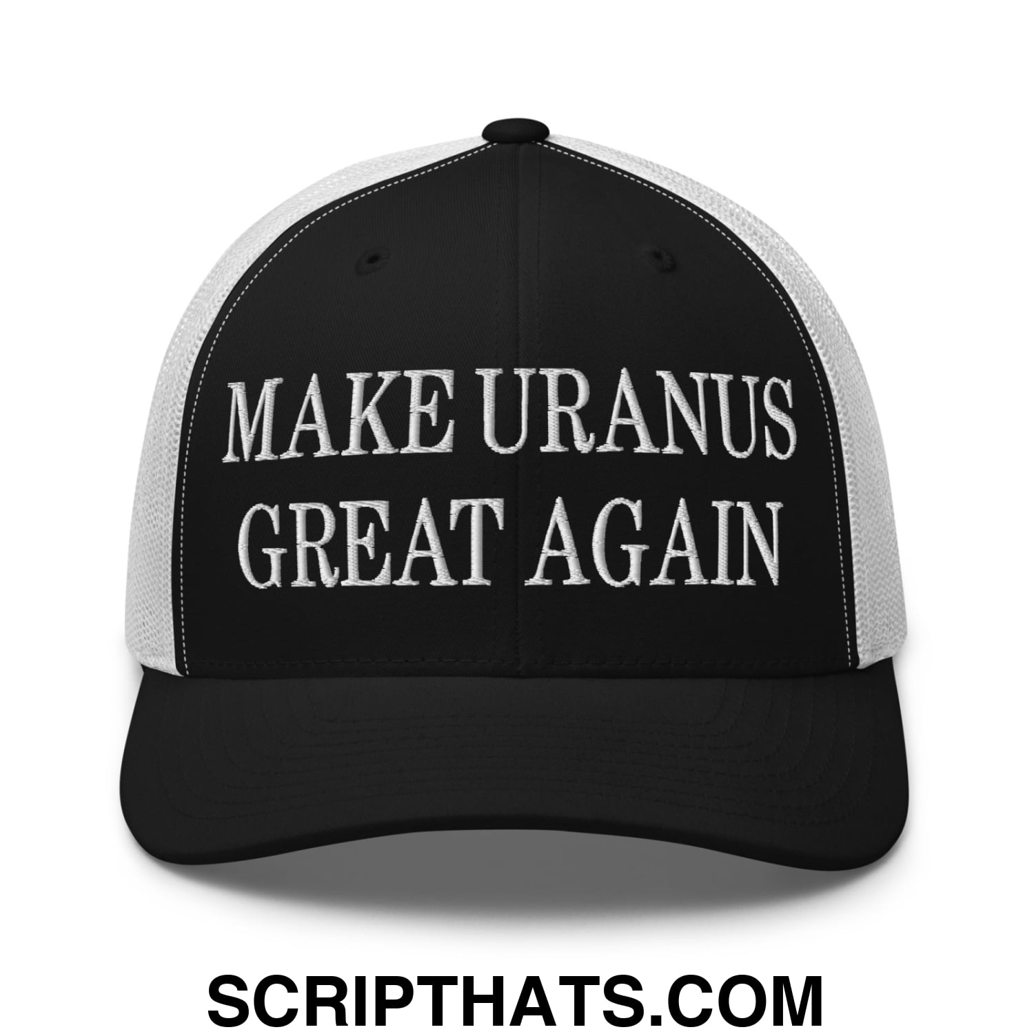 Black and white mesh trucker hat with embroidered make uranus great again text in bold uppercase font