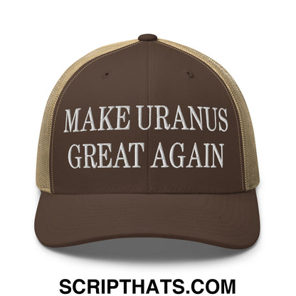 Brown and tan mesh trucker hat with white embroidered make uranus great again text front design