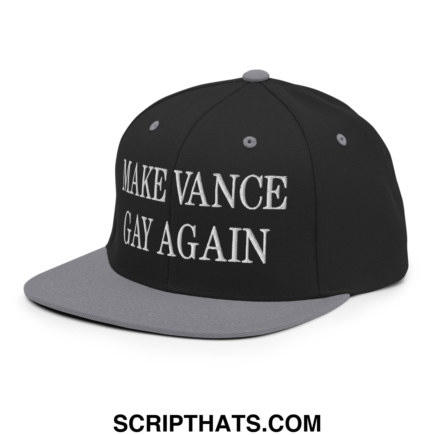 Make Vance Gay Again Embroidered Flat Bill Brim Snapback Hat Black Silver