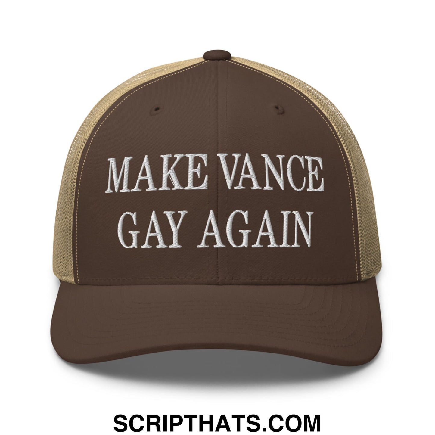 Make Vance Gay Again Embroidered Mesh Trucker Hat Brown Khaki