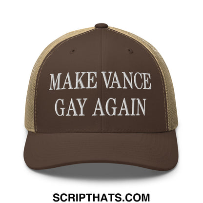 Make Vance Gay Again Embroidered Mesh Trucker Hat Brown Khaki