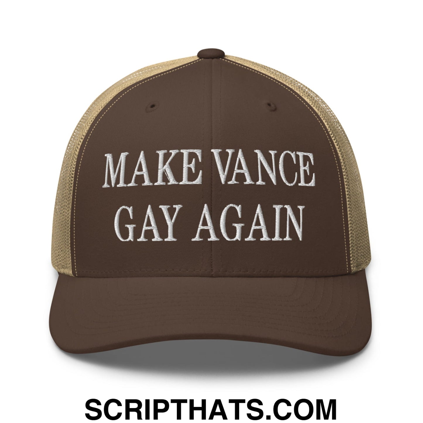 Make Vance Gay Again Embroidered Mesh Trucker Hat Brown Khaki