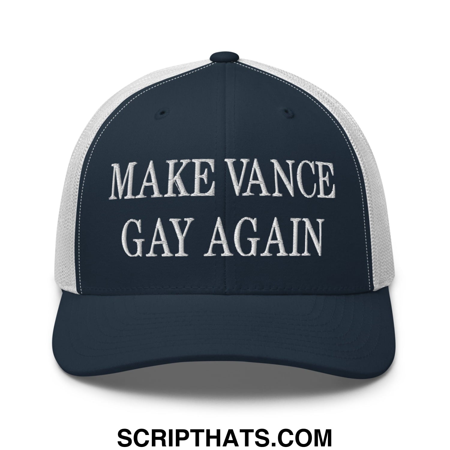 Make Vance Gay Again Embroidered Mesh Trucker Hat Navy White